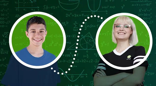 boy in blue shirt with tutor and math chalkboard behind hi