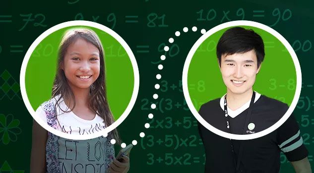 girl in white shirt with tutor and math chalkboard behind hi