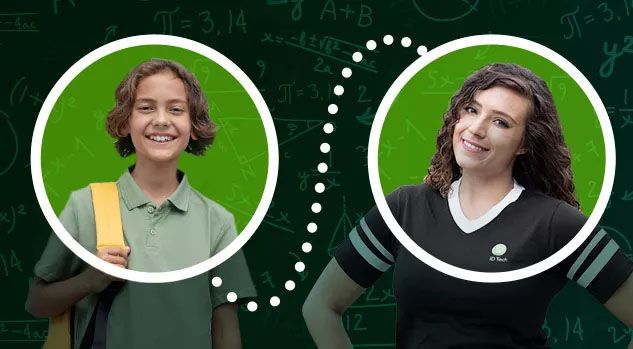 student in green shirt with tutor and math chalkboard behind hi