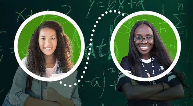 girl holding papers with tutor and math chalkboard behind hi