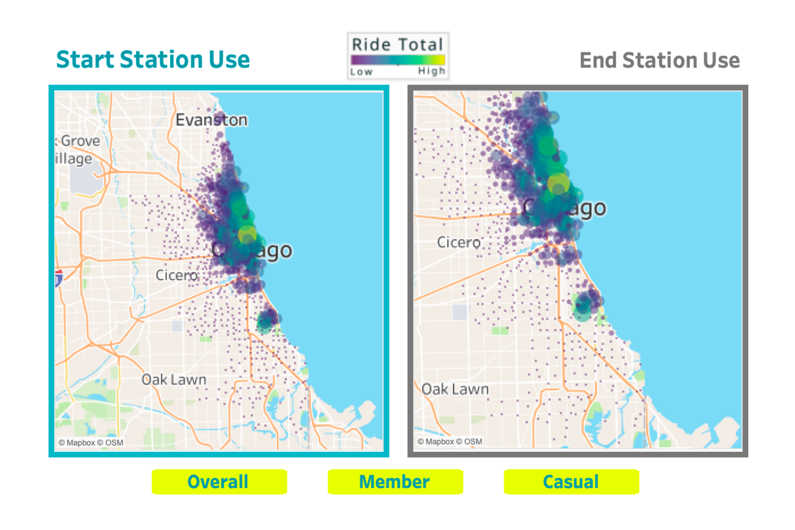 cyclistic start and end station use, tableau dashboard screenshot