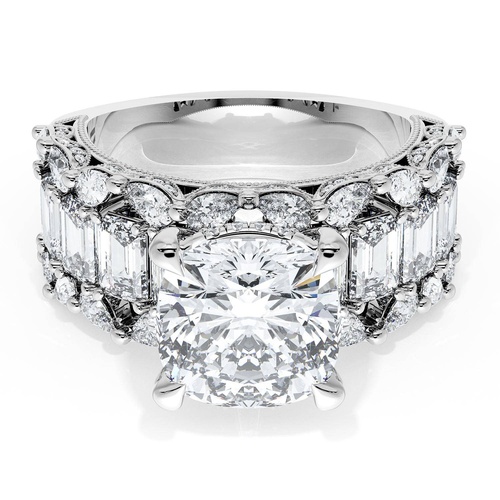 Cushion Solitaire Engagement Ring w/ Emerald & Pear Band