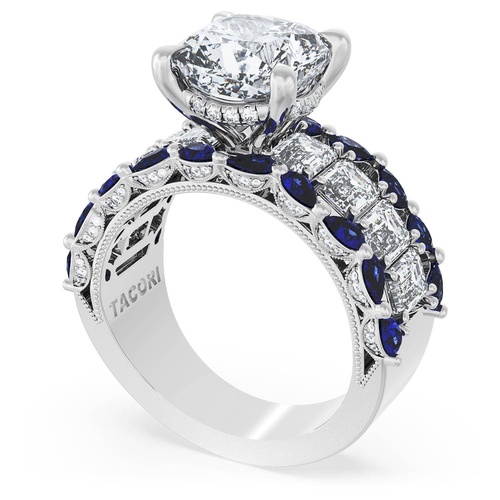 Cushion Solitaire Engagement Ring w/ Emerald & Pear Band