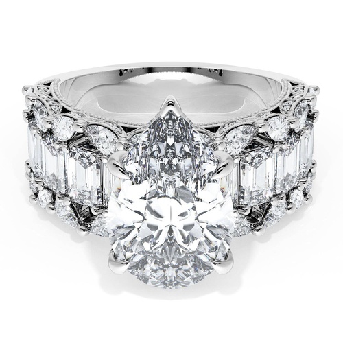 Pear Solitaire Engagement Ring w/ Emerald & Pear Band