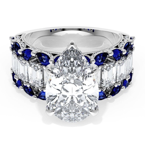 Pear Solitaire Engagement Ring w/ Emerald & Pear Band