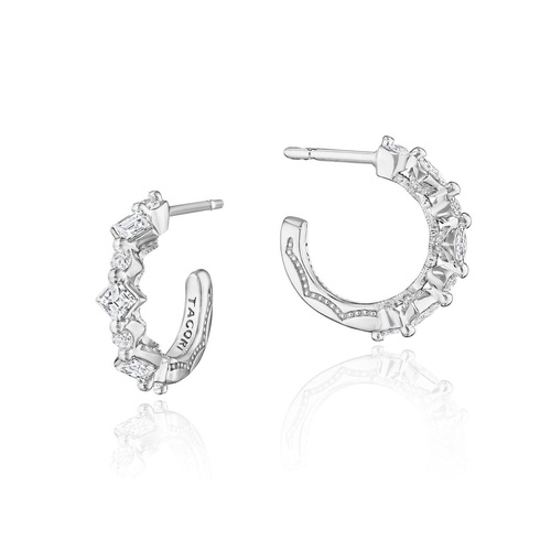Carré and Round Diamond Hoop Earrings in 18kt White Gold