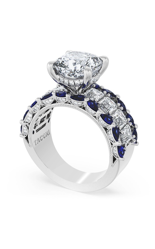 Cushion Solitaire Engagement Ring w/ Emerald & Pear Band