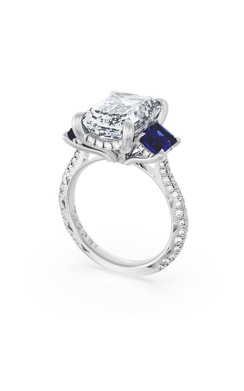 Emerald 3-Stone Engagement Ring in Blue Sapphire