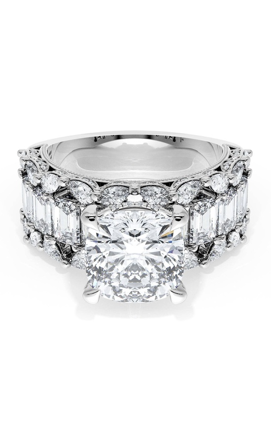 Cushion Solitaire Engagement Ring w/ Emerald & Pear Band