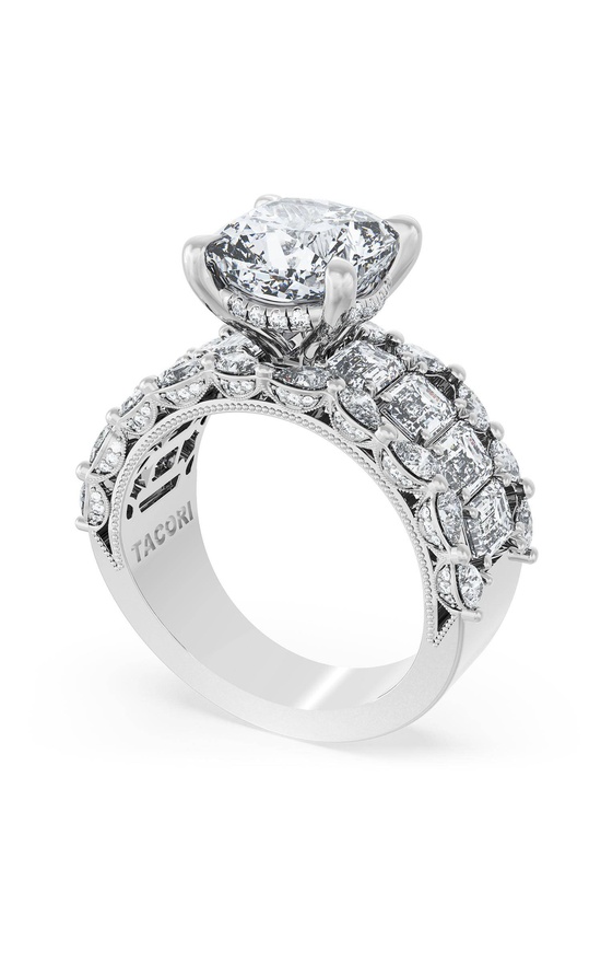 Cushion Solitaire Engagement Ring w/ Emerald & Pear Band