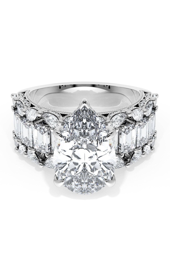 Pear Solitaire Engagement Ring w/ Emerald & Pear Band