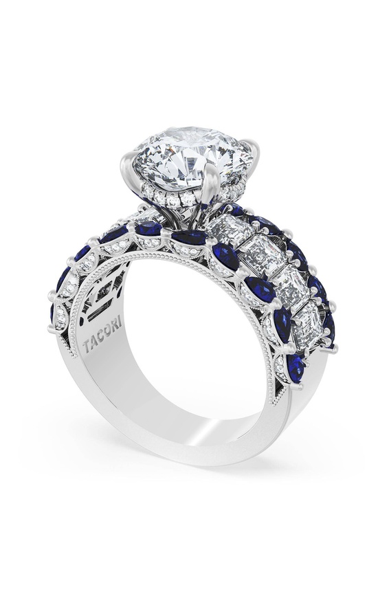 Round Solitaire Engagement Ring w/ Emerald & Pear Band