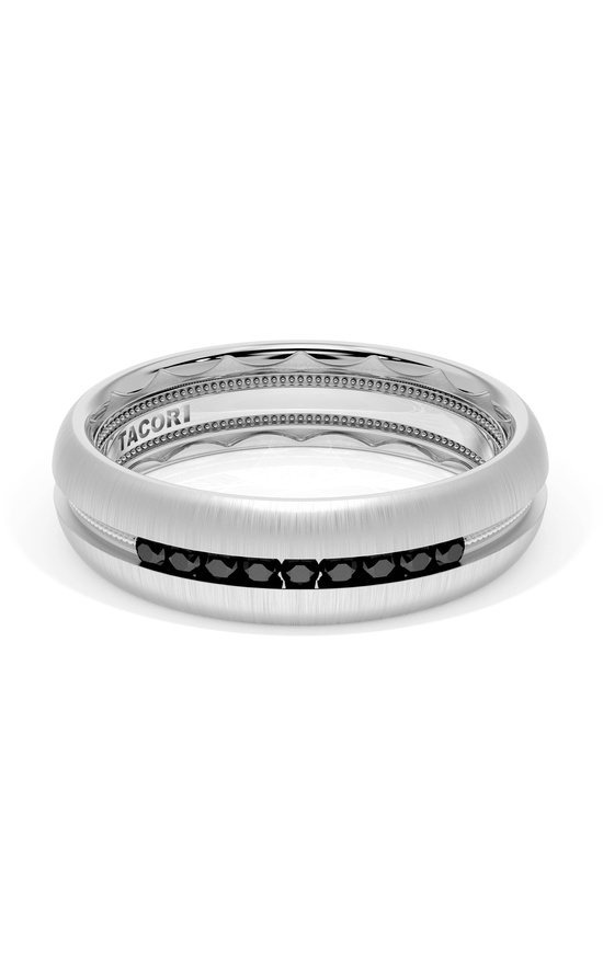 Rounded Satin Finish Black Diamond Wedding Band in 18kt White Gold