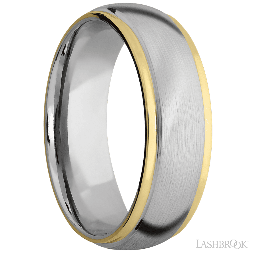 7 mm wide/Domed Stepped Down Edges/14K White Gold band with two 1 mm Edge inlays of 14K Yellow Gold. view 2