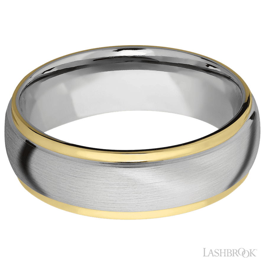 7 mm wide/Domed Stepped Down Edges/14K White Gold band with two 1 mm Edge inlays of 14K Yellow Gold. view 3