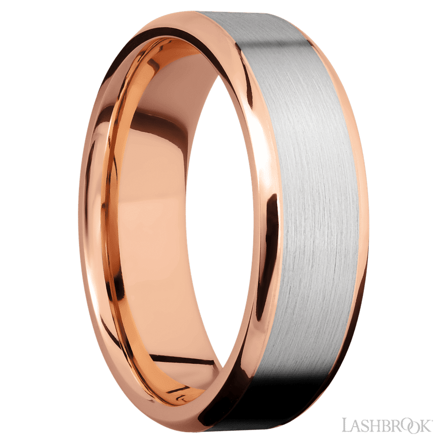 7 mm wide/Beveled/14K Rose Gold band with one 5 mm Centered inlay of 14K White Gold. view 2