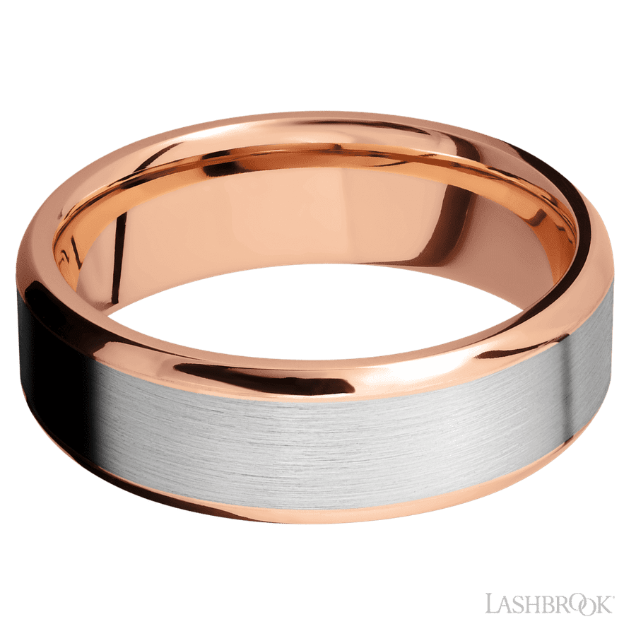 7 mm wide/Beveled/14K Rose Gold band with one 5 mm Centered inlay of 14K White Gold. view 3