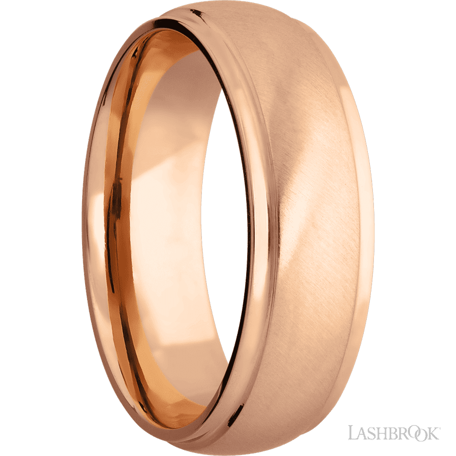 7 mm wide Domed Stepped Down Edges 14K Rose Gold band. view 2