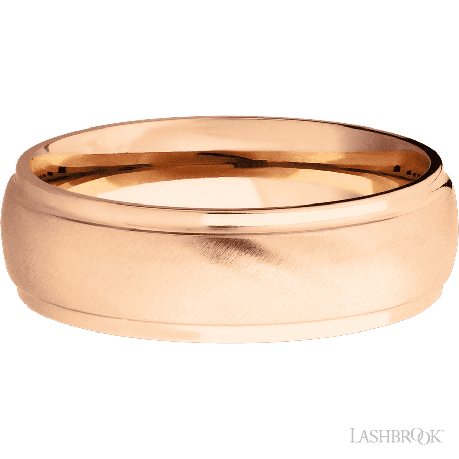 7 mm wide Domed Stepped Down Edges 14K Rose Gold band. view 3