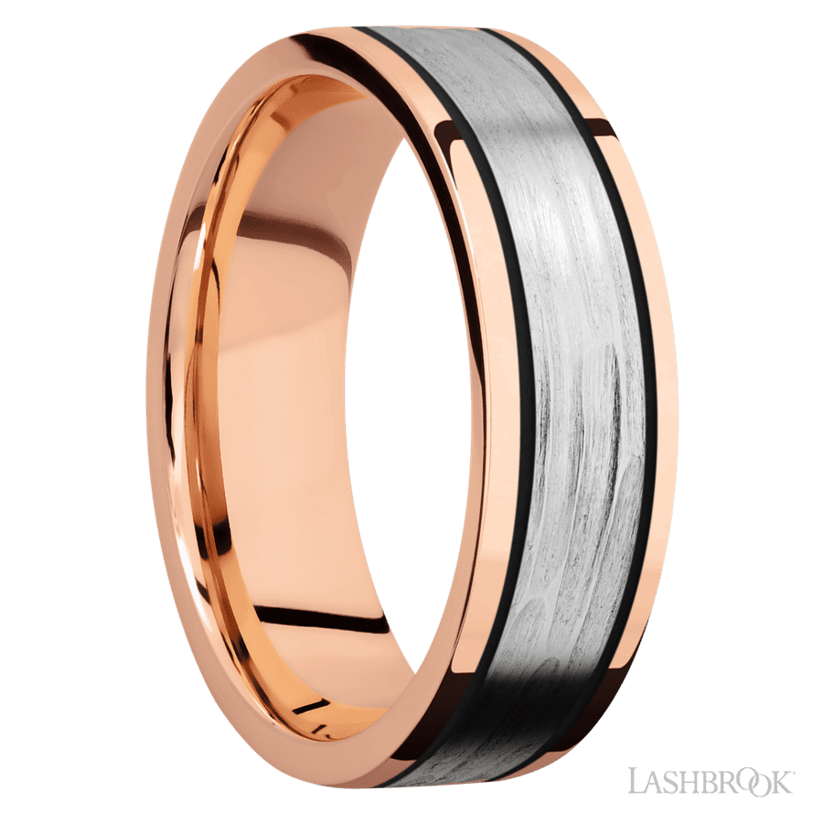 7 mm wide/Flat/14K Rose Gold band with one 4 mm Centered inlay of 14K White Gold. view 2