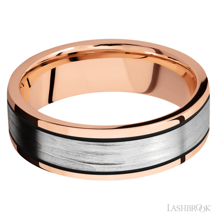 7 mm wide/Flat/14K Rose Gold band with one 4 mm Centered inlay of 14K White Gold. view 3
