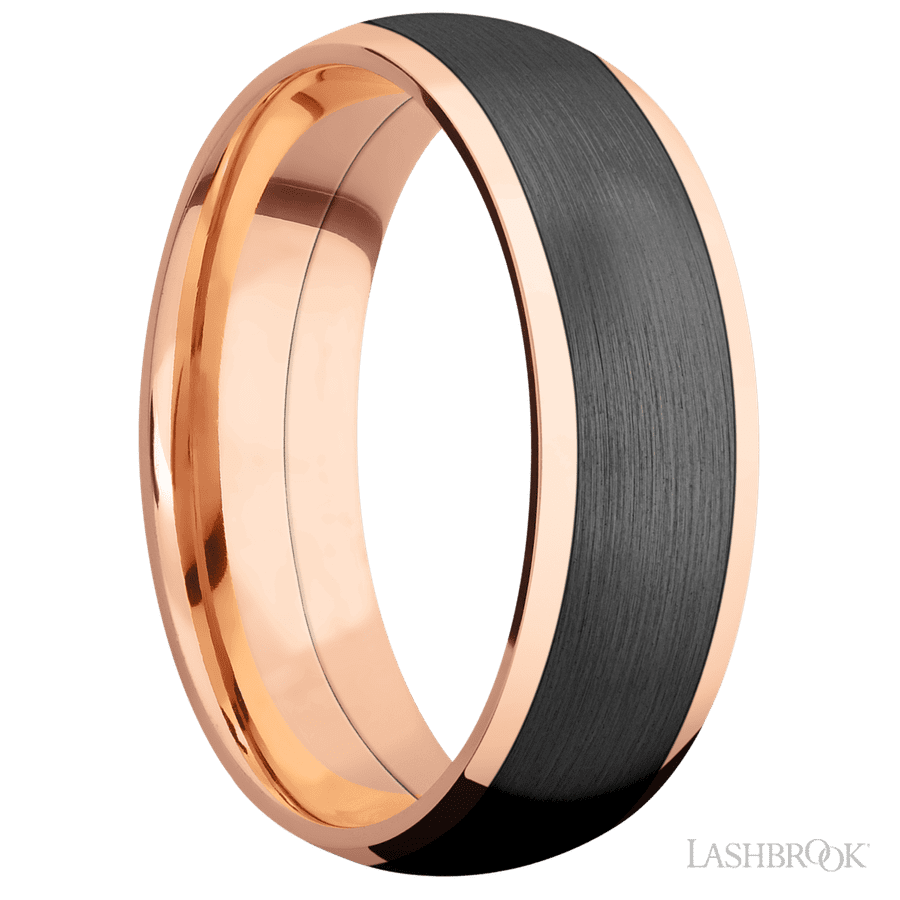 7 mm wide/Domed/14K Rose Gold band with one 5 mm Centered inlay of Zirconium. view 2