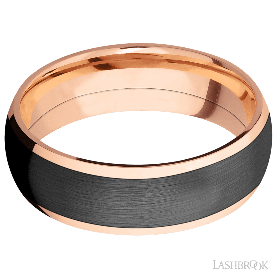 7 mm wide/Domed/14K Rose Gold band with one 5 mm Centered inlay of Zirconium. view 3