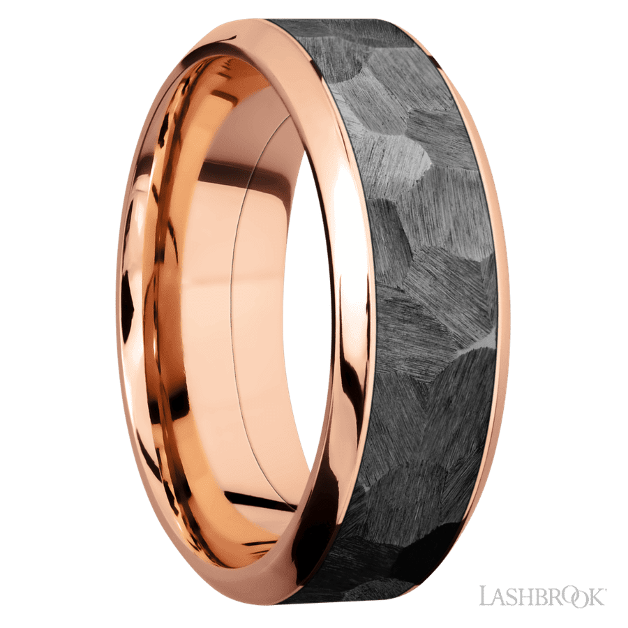 8 mm wide/High Bevel/14K Rose Gold band with one 5 mm Centered inlay of Zirconium. view 2