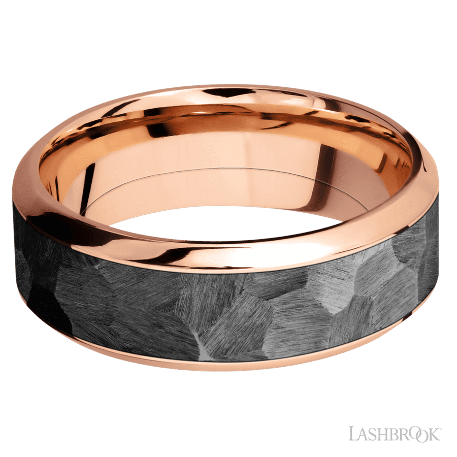 8 mm wide/High Bevel/14K Rose Gold band with one 5 mm Centered inlay of Zirconium. view 3