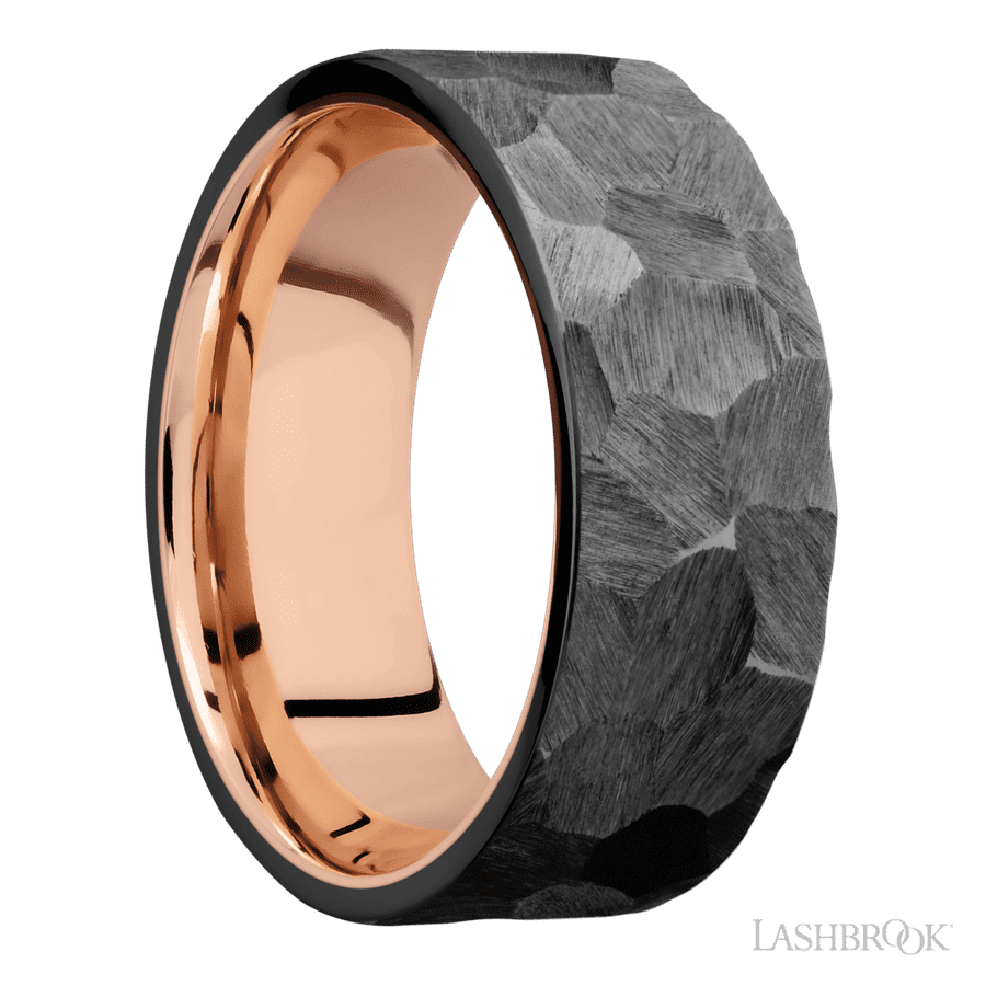 8 mm wide Flat Zirconium band featuring a 14K Rose Gold sleeve. view 2