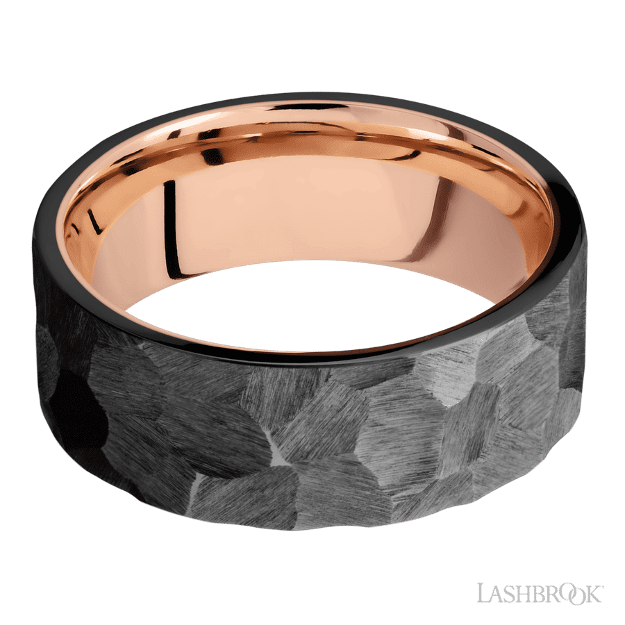 8 mm wide Flat Zirconium band featuring a 14K Rose Gold sleeve. view 3