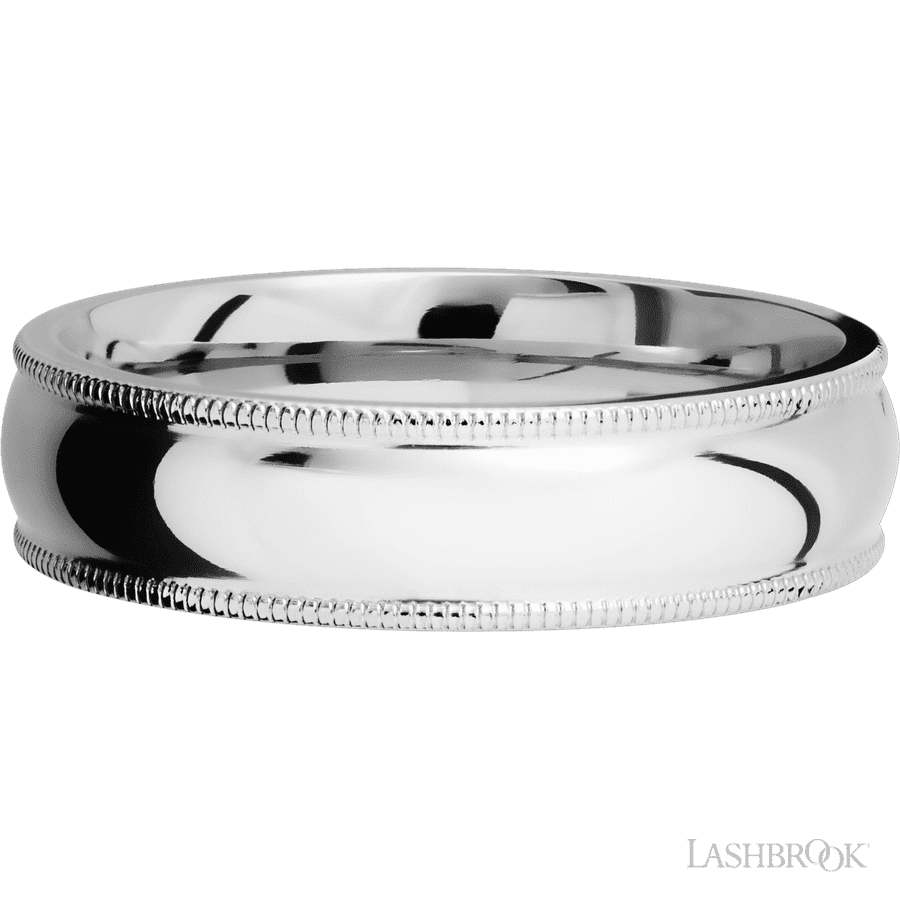 6 mm wide Domed Milgrain Edges 14K White Gold band. view 3