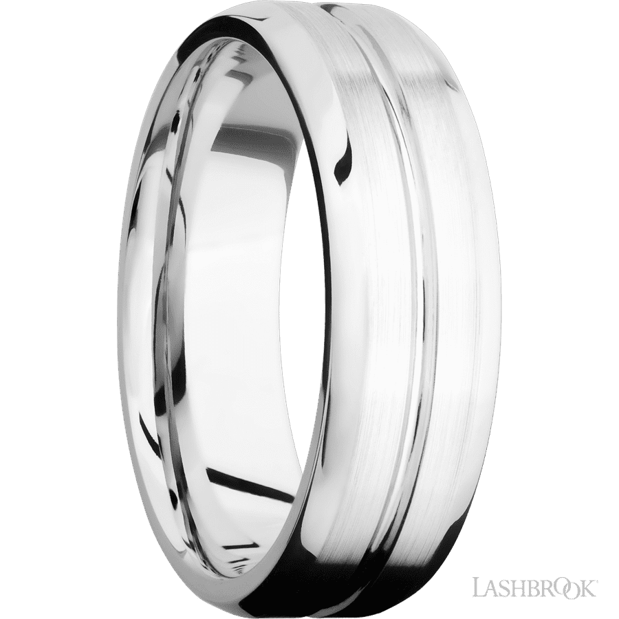 7 mm wide Beveled with Center Accent Groove 14K White Gold band. view 2