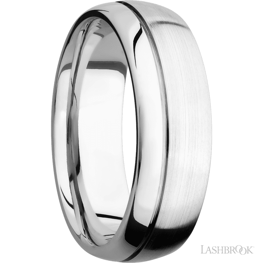 7 mm wide Domed with Off Center Accent Groove 14K White Gold band. view 2