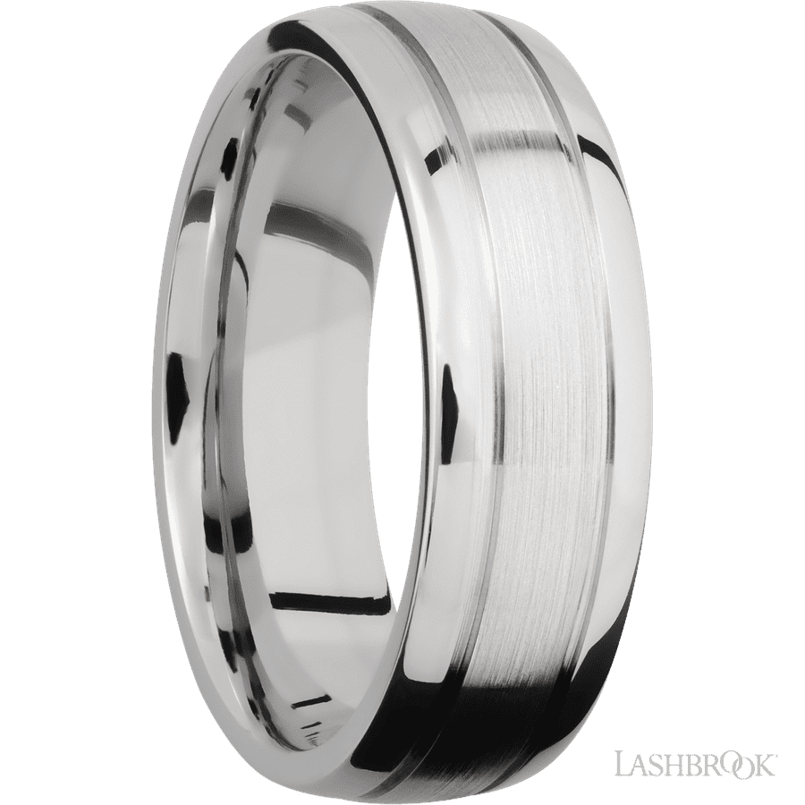 7 mm wide Domed with two accent grooves 14K White Gold band. view 2