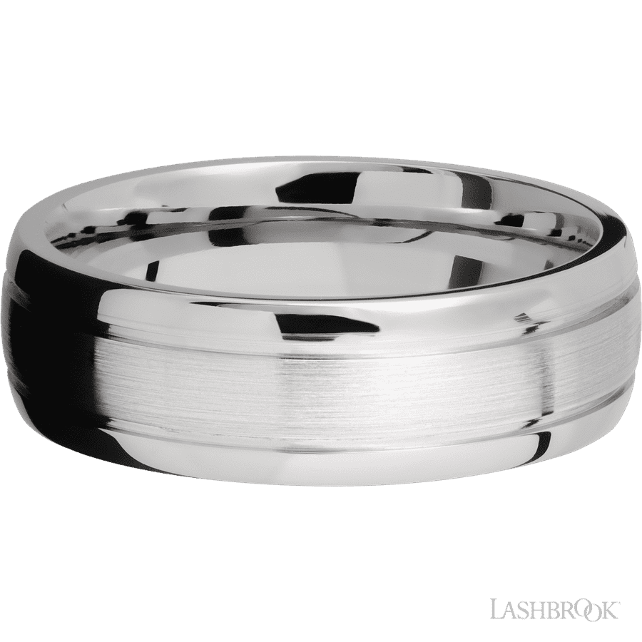7 mm wide Domed with two accent grooves 14K White Gold band. view 3
