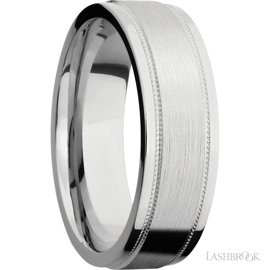 7 mm wide Flat Stepped Edges Milgrain 14K White Gold band. view 2