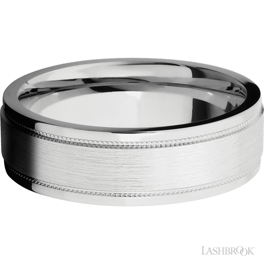 7 mm wide Flat Stepped Edges Milgrain 14K White Gold band. view 3