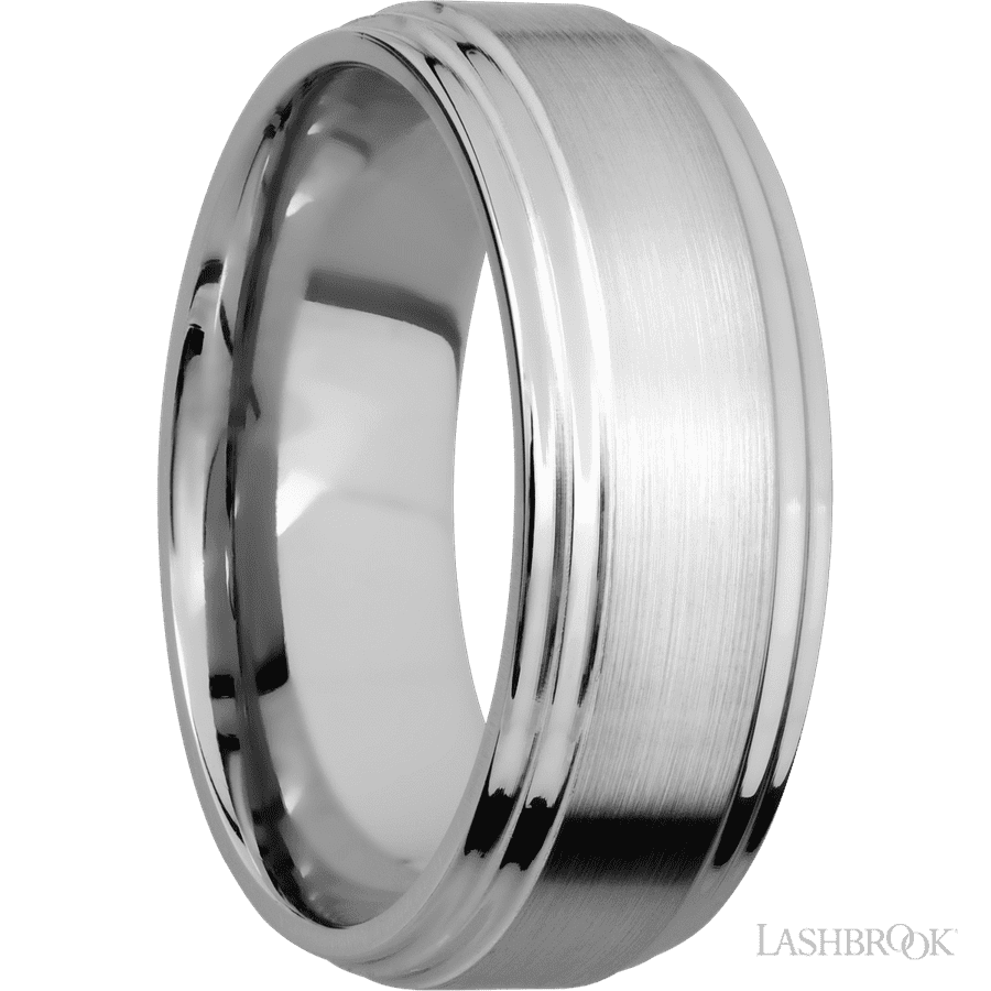 8 mm wide Flat Double Stepped Edges 14K White Gold band. view 2