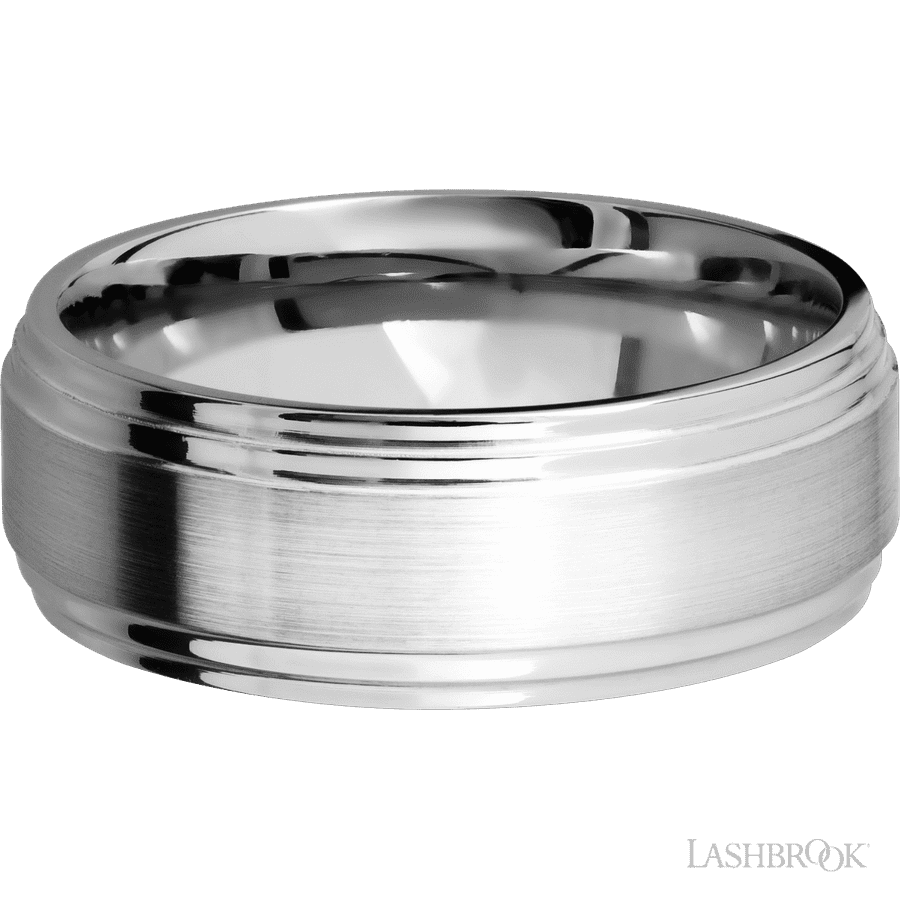 8 mm wide Flat Double Stepped Edges 14K White Gold band. view 3