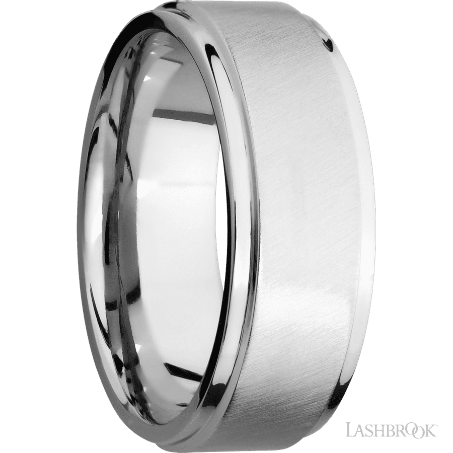 8 mm wide Flat Grooved Edges 14K White Gold band. view 2