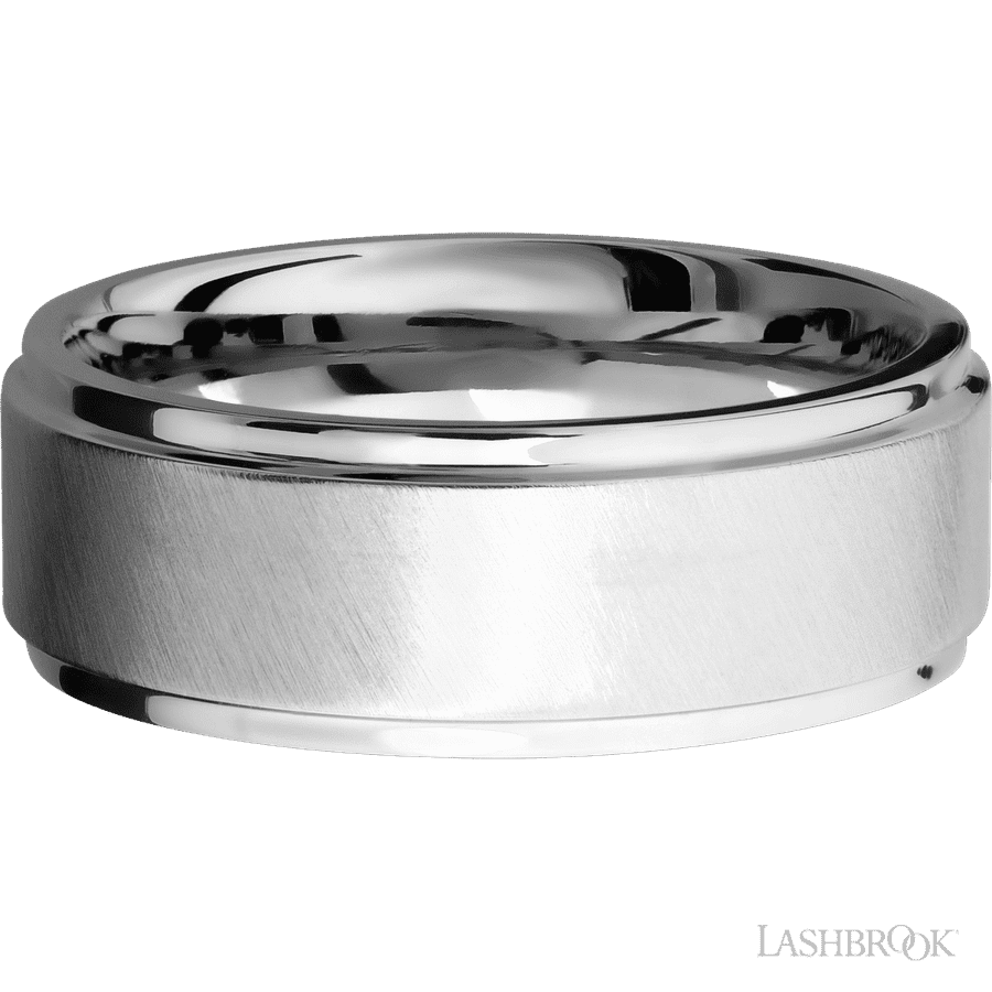 8 mm wide Flat Grooved Edges 14K White Gold band. view 3