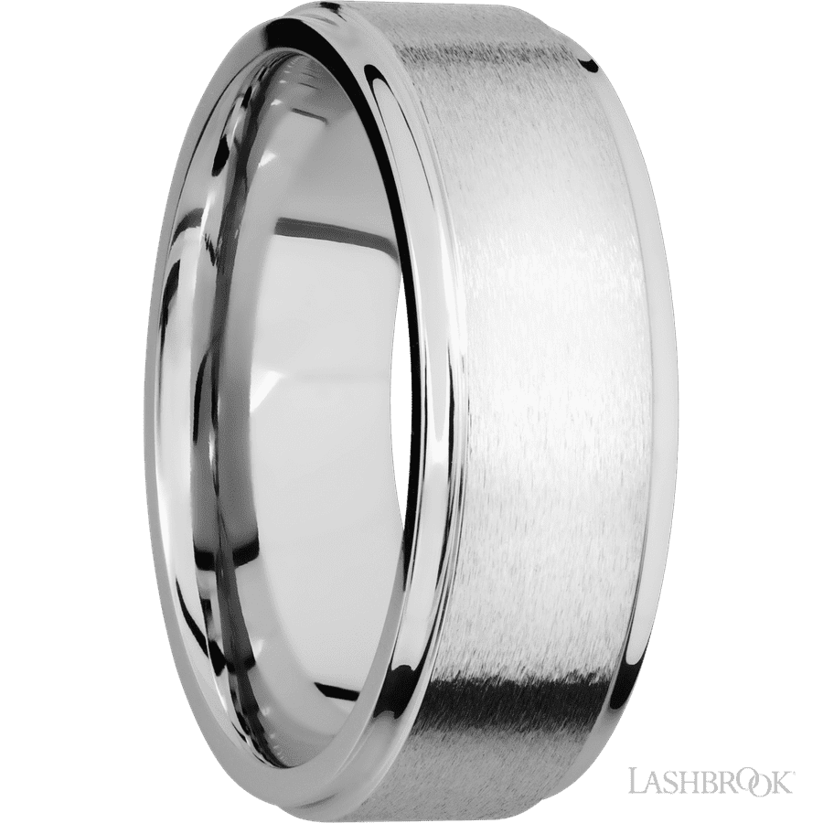 8 mm wide Flat Grooved Edges 14K White Gold band. view 2