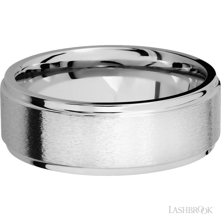 8 mm wide Flat Grooved Edges 14K White Gold band. view 3