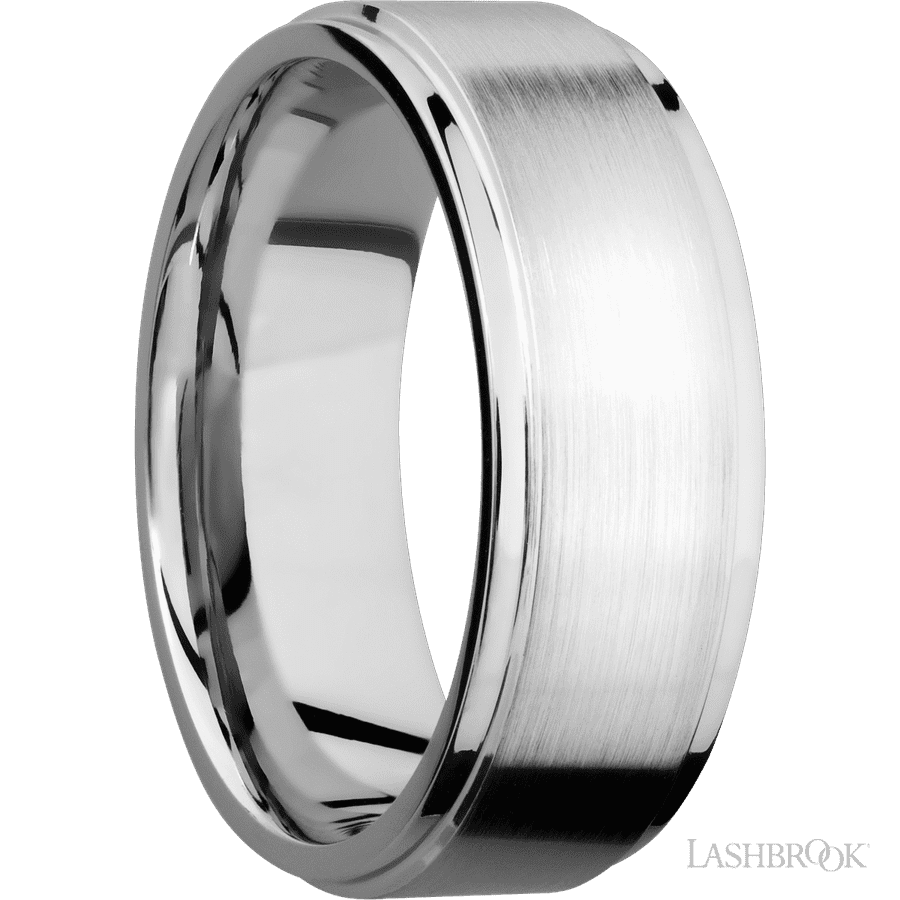 8 mm wide Flat Grooved Edges 14K White Gold band. view 2