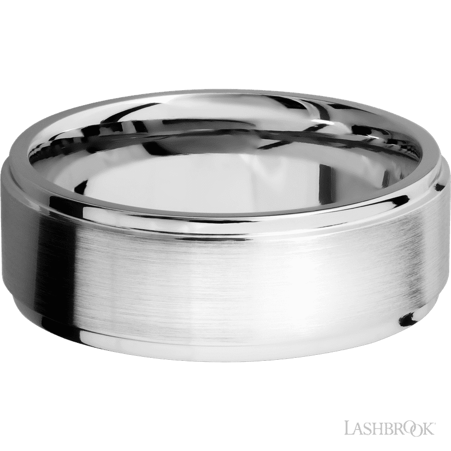 8 mm wide Flat Grooved Edges 14K White Gold band. view 3