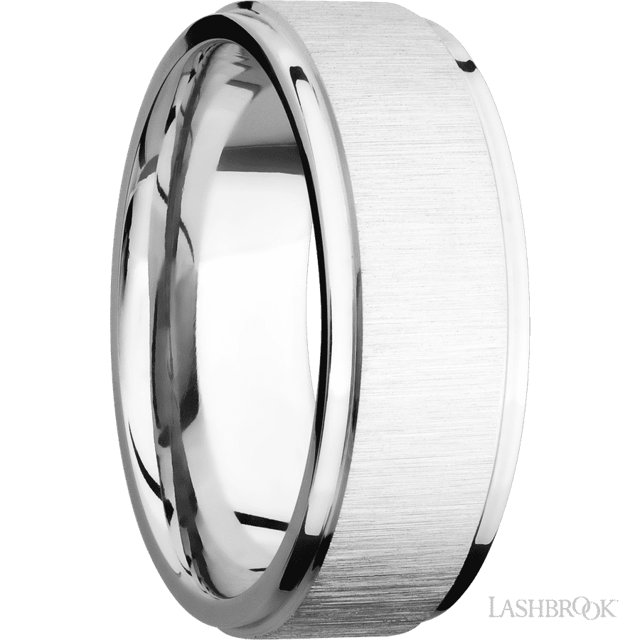 8 mm wide Flat Grooved Edges 14K White Gold band. view 2