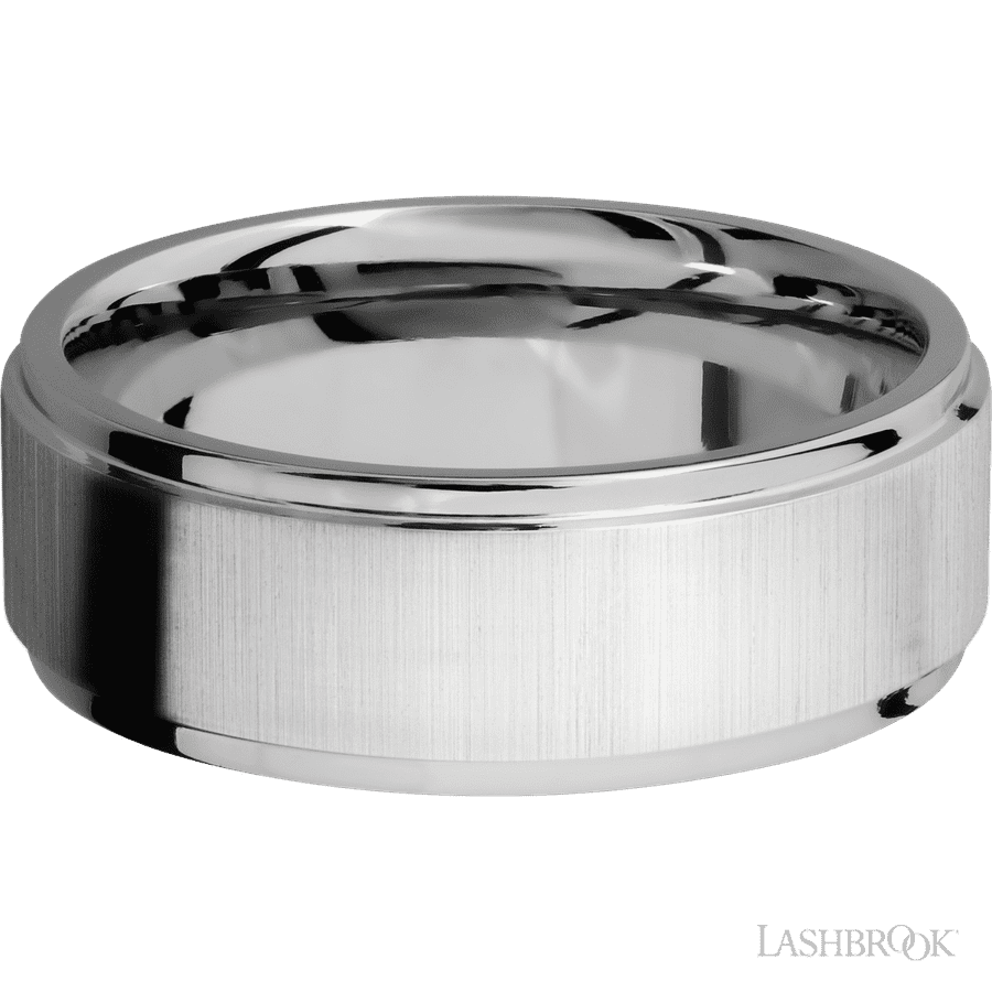 8 mm wide Flat Grooved Edges 14K White Gold band. view 3