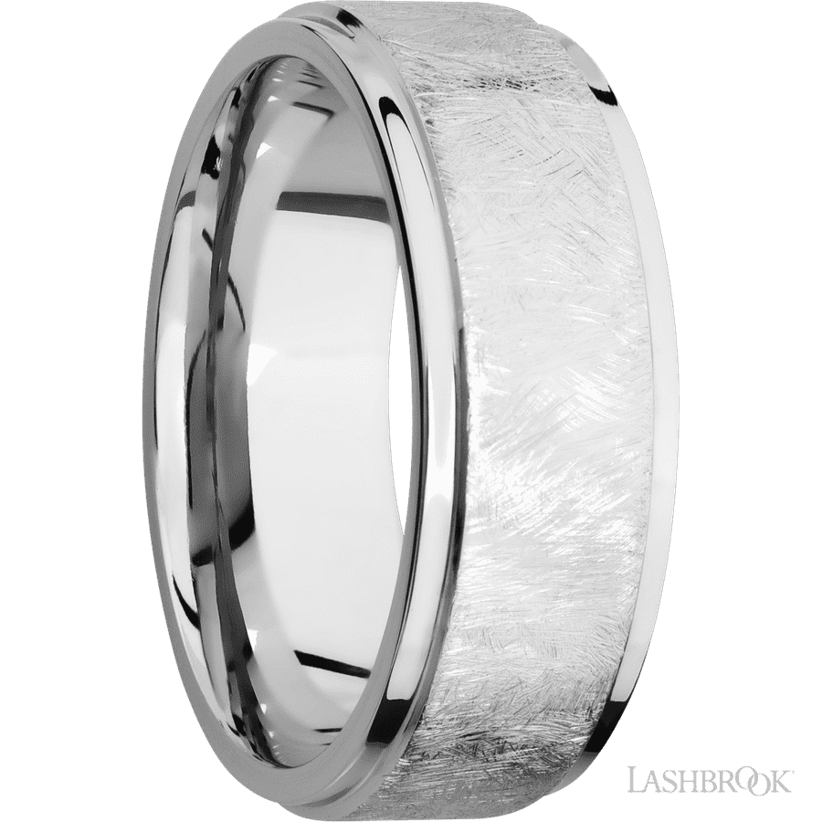 8 mm wide Flat Grooved Edges 14K White Gold band. view 2