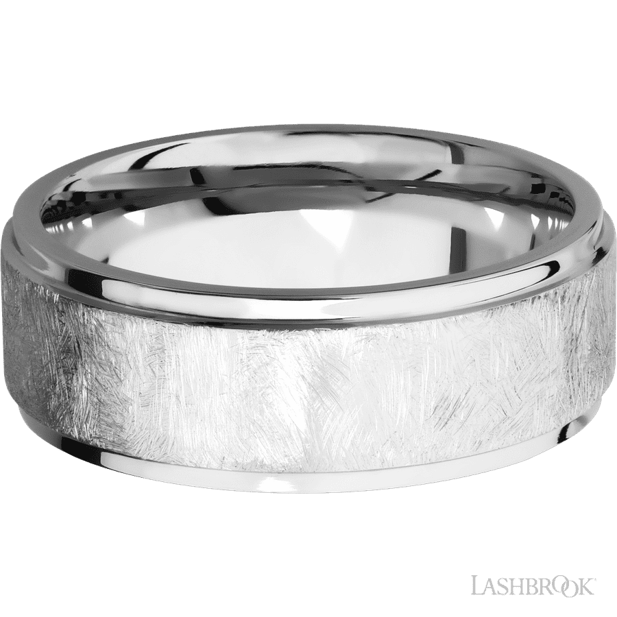 8 mm wide Flat Grooved Edges 14K White Gold band. view 3
